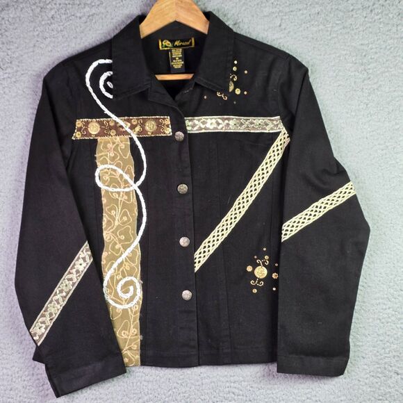 Mirasol Black Gold Embroidered Jacket M Boho Artsy Statement Maximalist Unique - Picture 2 of 15